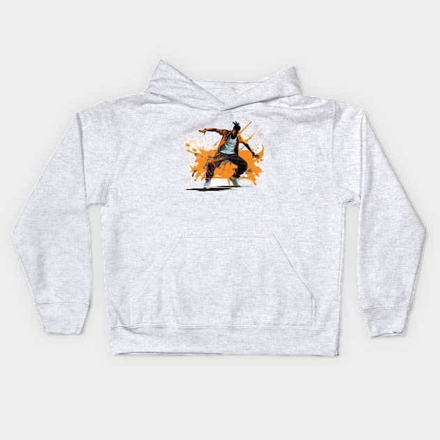 Vibrant Breakdancer amidst orange splashes Kids Hoodie by MK3